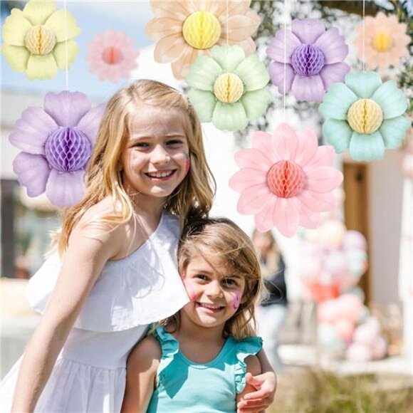 Pastel Rainbow Party Decorations 9 PCS Paper Flowers Honeycomb Birthday Wedding - Picture 5 of 7